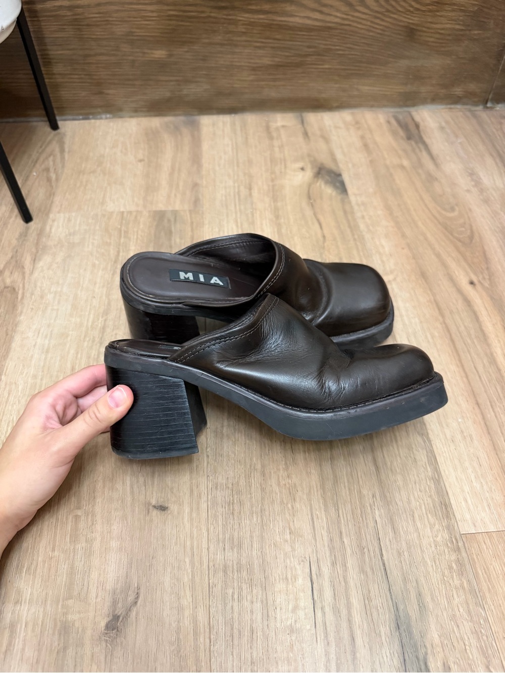 MIA Dark Brown Leather Slip-On Block Heel Mules